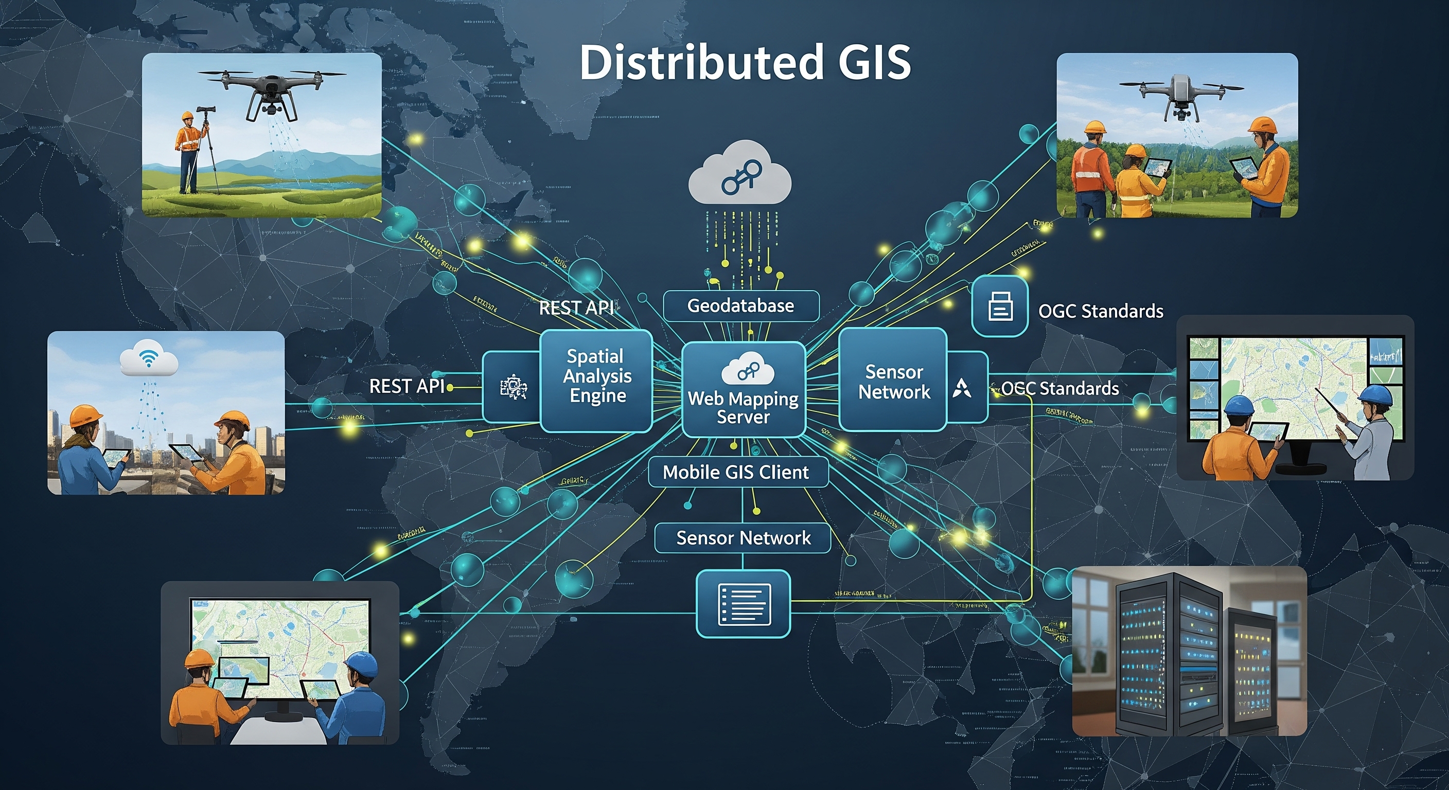 複数のサーバーでデータを処理する分散型GISのアーキテクチャ図